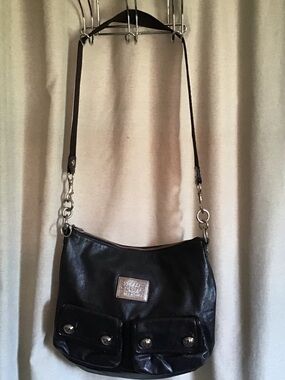 Black Leather Coach Crossbody Bag with Front Pockets